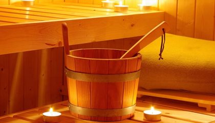Gemütliche Sauna Rötlich beleuchtete Sauna im Kerzenlicht
