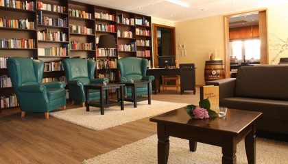 Lounge Innenbereich mit Sessel vor Bücherregal