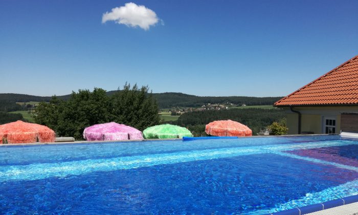 Dachpool Tag  Pool auf dem Dach vor blauem Himmel