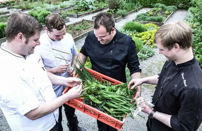 Köche Küchenteam mit frischem Gemüse
