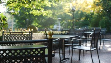 Schlemmergarten 2 Schwarze Tische und Sitzgelegenheiten bei Sonnenschein im Garten